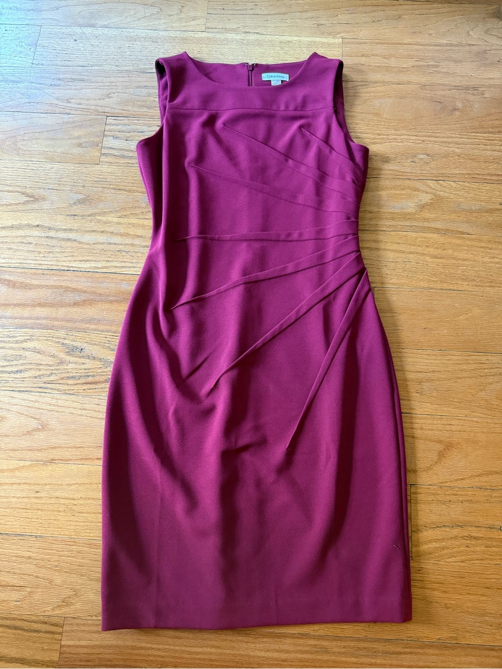Calvin Klein Sleeveless Burgundy Sheath Dress with Side Pleat Detail